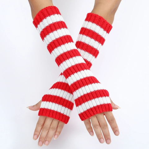Long Striped Knitted Arm Sleeves Acrylic Fingerless Warm Gloves With Thumb Hole Y2K Gothic Fashion For Women