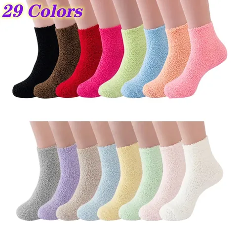 Women Fuzzy Slipper Socks Coral Fleece Plush Fluffy Soft Warm Indoor Sleep Home Middle Tube Solid Color