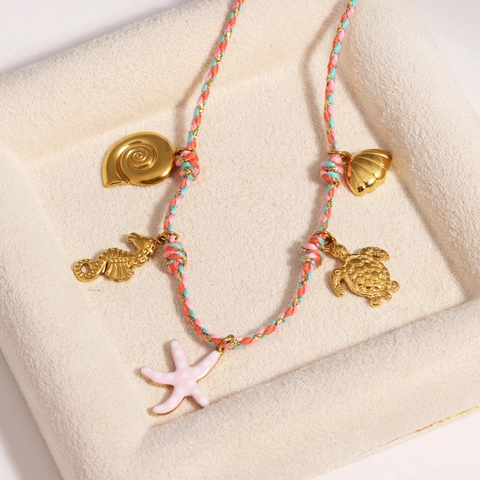 Gevlochten Touw Ketting Verguld Titanium Staal Oceaan Octopus Zeester Emaille Hangers Casual Zomer Sieraden
