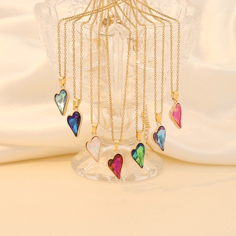 Heart Pendant Necklace Faceted Glass Crystal Stainless Steel Gold Plated Fashion Jewelry For Women