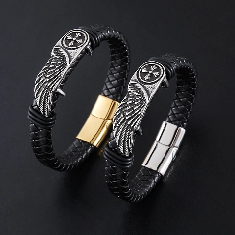 Bracciale In Pelle Intrecciata Con Ala Croce In Acciaio Inossidabile 304 Chiusura Magnetica Gioielli Vintage Punk Gotico Per Uomo