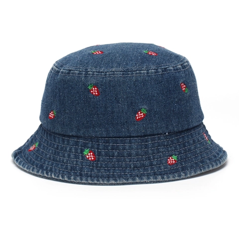 Cappello Alla Pescatora Bambini Denim Cotone Protezione Solare Ricamato Fragola Orso Cuore Esterno Cappello Sole