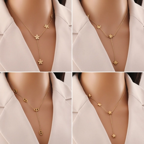Stainless Steel Long Y Necklace With Star Flower Eight Pointed Star Charms Tassel Drop Fashion Jewelry For Women