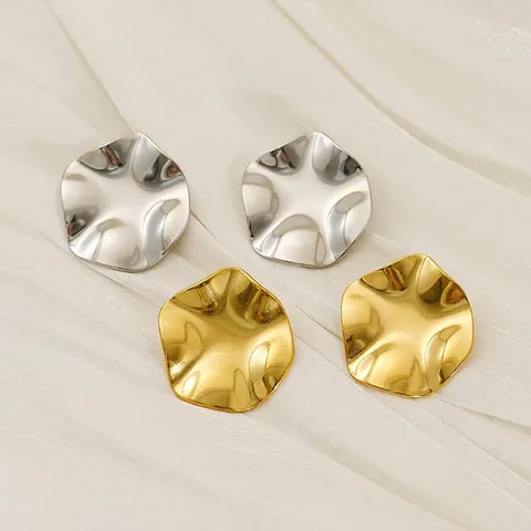 Wellenförmige Unregelmäßige Runde Scheibe Ohrstecker Edelstahl 18K Vergoldet Minimalistischer Texturierter Modeschmuck Damen