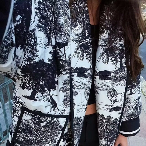 Gewatteerde Damesjas Toile De Jouy Print Dierenpatroon Vintage Losse Gewatteerde Jas Met Zakken Lange Mouwen Reverskraag