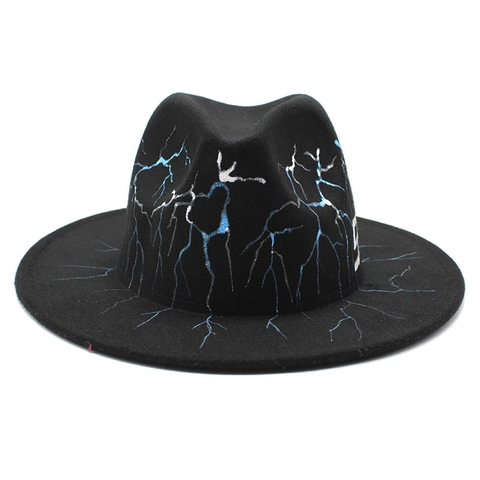 Unisex Woolen Felt Fedora Hat Lightning Pattern Painted Flat Brim Jazz Cap Streetwear Hip Hop Style