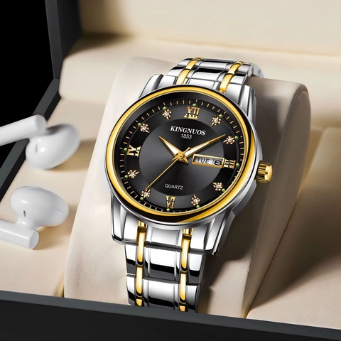 Montre Homme Quartz Bracelet Acier Inoxydable Luxe Business Lumineux Étanche Double Calendrier Cadran Strass