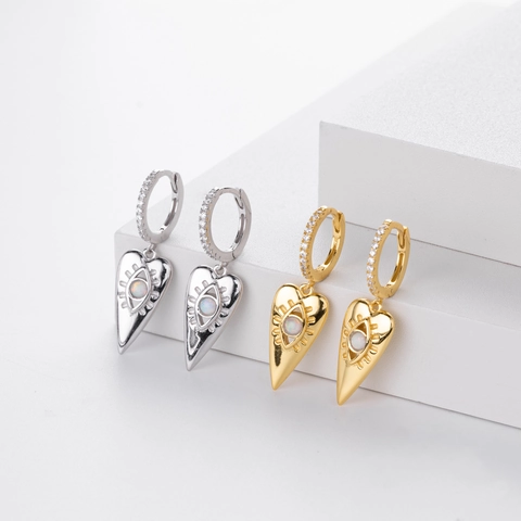 Pendientes Colgantes Corazón Ojo Malvado de Plata de Ley 925 para Mujer Chapado en Oro Circonia Ópalo Artificial Joyería