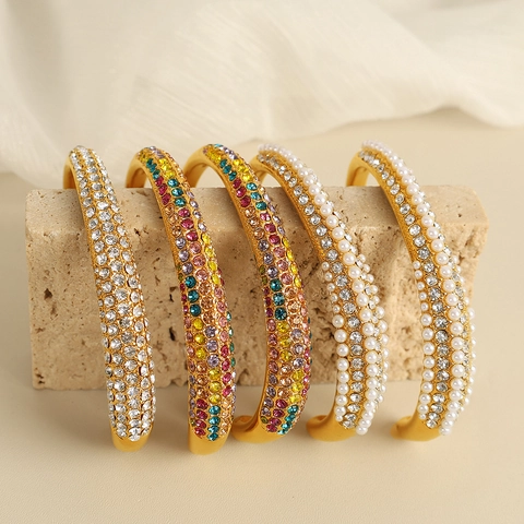 Luxus Edelstahl C-Form Offener Armreif Für Damen Vergoldet Strass Künstliche Perle Mode Schmuck Armband Geschenk