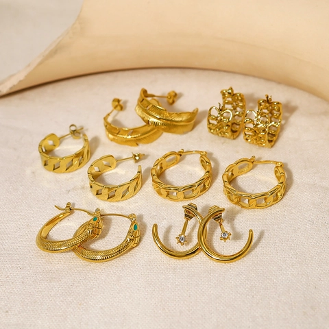 18K Vergulde Titanium Staal C-Vorm Hoop Oorbellen Zonnestraal Geometrische Luxe Sieraden Voor Vrouwen