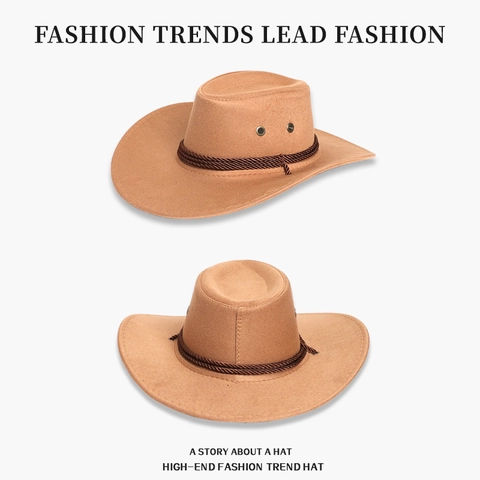 Retro Suede Western Cowboy Hat Wide Brim Outdoor Sun Protection Breathable With Adjustable Chin Strap Woven Band For Men Women