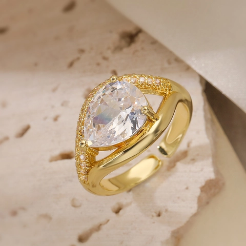 Pear Cut Zircon Adjustable Ring 18K Gold Plated Copper Geometric Micro Pave Trendy Elegant Jewelry For Women