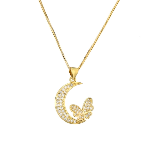 Moon Pendant Necklace Copper Zircon Butterfly Bird Star Gold Plated Box Chain Micro Pave Minimalist Jewelry For Women