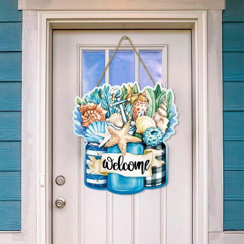 Panneau De Bienvenue Thème Océan Nautique Plaque Suspendue En Bois Avec Décor De Coquillage Ancre Étoile De Mer Pour Mur Porte