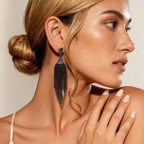 Orecchini Pendenti A Ventaglio Con Nappe In Zircone Nero Con Perno In Argento Sterling 925 Gioielli Gotici Per Donne