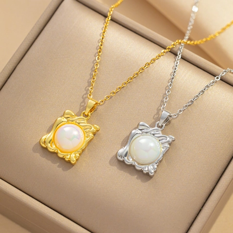Collana Con Ciondolo In Acciaio Inossidabile Cornice Quadrata Irregolare Intarsio Perla Artificial Sintetica Stile Francese Gioielli Minimalisti Per Donna