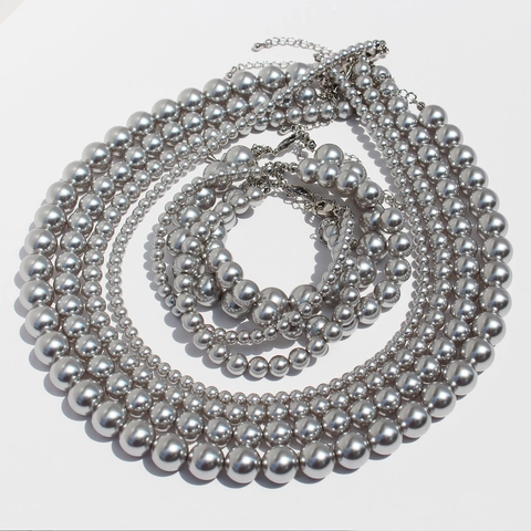 Elegant Silver Grey Artificial Pearl Necklace Bracelet Stud Earrings Set For Women High-end Brass Electroplated Round Bead Jewelry For Daily Banquet Party Gift