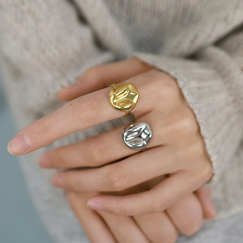 Minimalist Stainless Steel Open Ring For Women 18K Gold Silver Plated Irregular Geometric Bumpy Textured Finger Ring Fashion Jewelry
