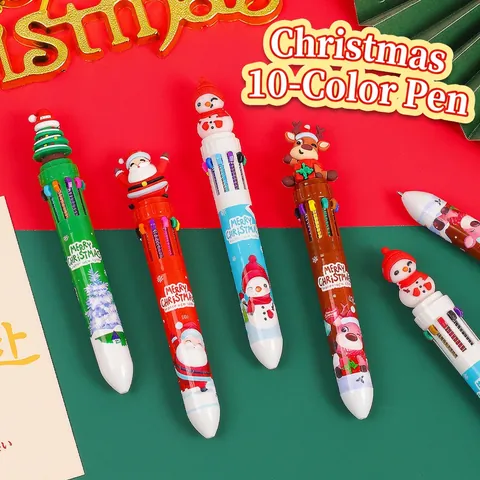 Christmas 10-Color Ballpoint Pen With 3D Cartoon Topper Santa Snowman Reindeer Plastic Multi-Color Retractable Stationery Gift