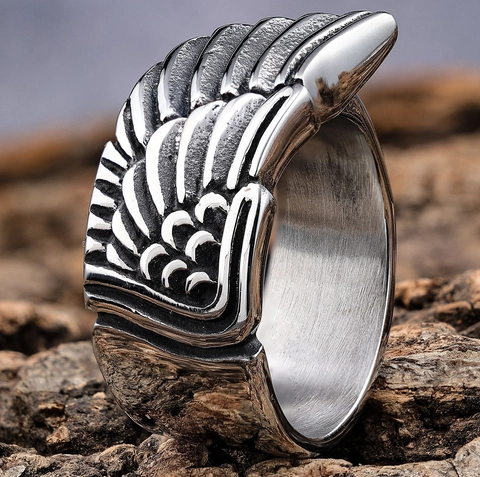Vintage Feather Wing Ring Stainless Steel Punk Biker Gothic Jewelry For Men Unisex Retro Antique Silver Finish