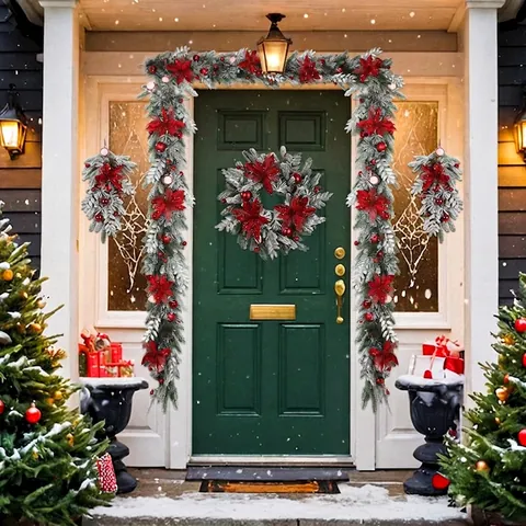 Decorazione Natalizia Corona Ghirlanda Teardrop Swag Pino Ghiacciato Fiori Poinsettia Rossi Ornamenti Per Porta Casa Parete
