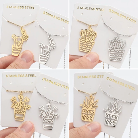 Collar Con Colgante De Cactus En Maceta De Acero Inoxidable Calado Joyería Minimalista De Plantas Para Mujeres