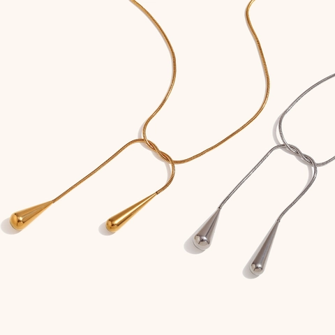 Collar Lariat De Doble Gota De Agua Acero Inoxidable 316L Chapado En Oro 18K Cadena De Serpiente Joyería Minimalista Para Mujer