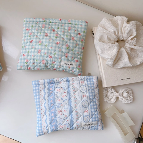Trousse In Cotone Trapuntato A Quadretti Floreali Borsa Quadrata Organizer Con Cerniera Donna Borsa Per Trucco