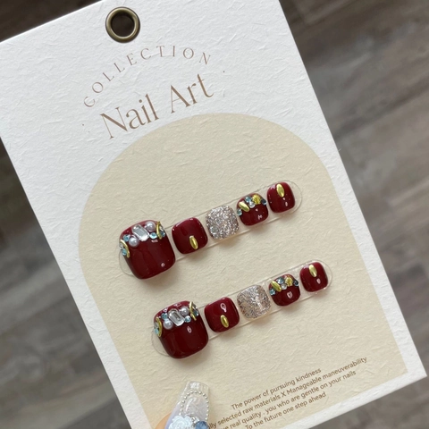 Wijnrode Teennagels Press On Met Kunstparels En Strass Elegante Glanzende Kunstnagels Voor Dames