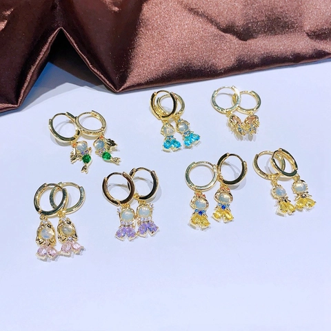 Pendientes De Aro Con Figura De Dibujos Animados Cobre Bañado En Oro De 14K Circón De Colores Opalo Sintético Dulce