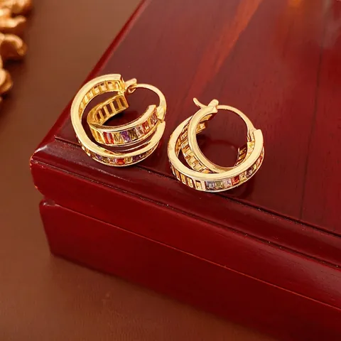 Pendientes De Aro Doble Vintage Circonita Multicolor Cobre Chapado En Oro Joyería Geométrica Mujer Poste De Acero
