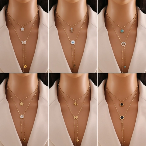 Dubbele Laag Roestvrijstalen Ketting Vlinder Bloem Boze Oog Hamsa Hand Levensboom Hanger Trendy Sieraden Voor Dames