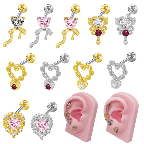 Titanium Steel Zirconia Heart Stud Earrings Bow Wings Chain Cartilage Ear Bone Piercing Earrings For Women Fashion Jewelry