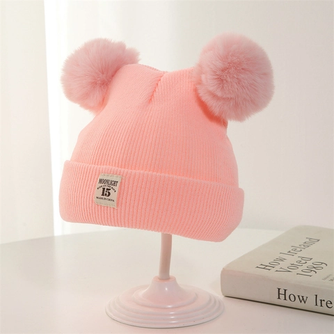 Baby Winter Warm Strickmütze Doppel Pompons Acryl Jacquard Gerippte Beanie Für Kleinkinder Jungen Mädchen Outdoor Kopfbedeckung