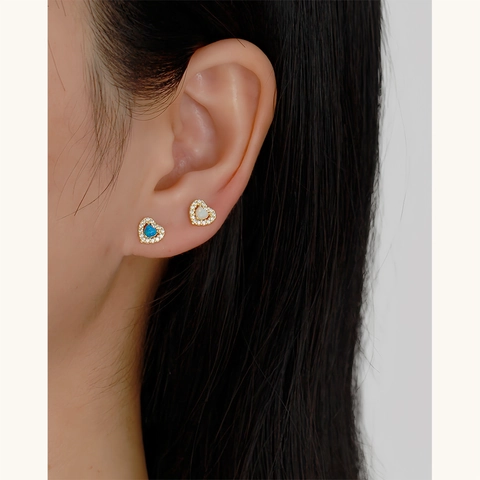 Heart Stud Earrings With 925 Sterling Silver Earring Post Synthetic Opal Cubic Zirconia Halo Elegant Jewelry For Women