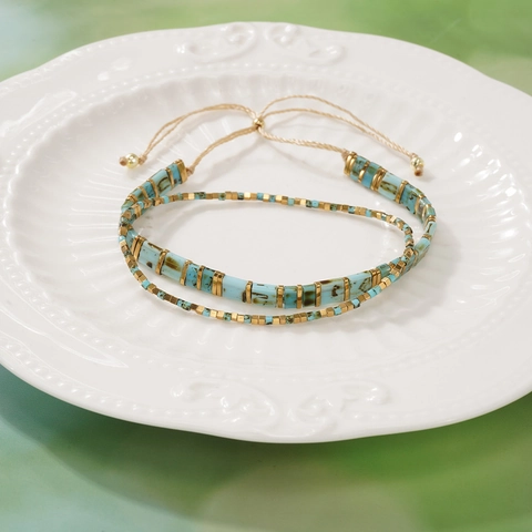 Bracelet Perles Tila Bohème Fait Main Alliage Tissé Ajustable Turquoise Or Superposable Bijoux Mode Femmes Hommes