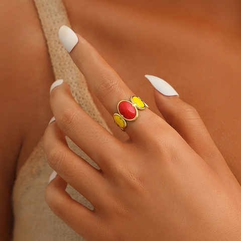 Colorful Enamel Adjustable Open Ring Titanium Steel Hollow Leaf Cross Chain Celestial Fashion Jewelry For Women