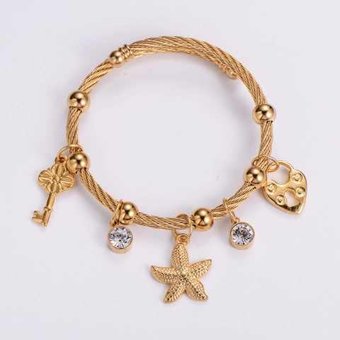 Stainless Steel Twisted Cable Bangle Starfish Key Heart Lock Charms Bohemian Ocean Style Bracelet Women Rhinestone
