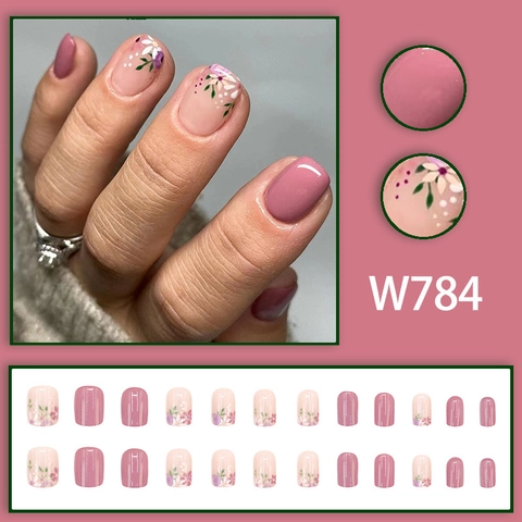 Vintage Floral Press On Nails Short Square Dusty Rose Pink Glossy Artificial False Nails For Women Sweet Elegant Style