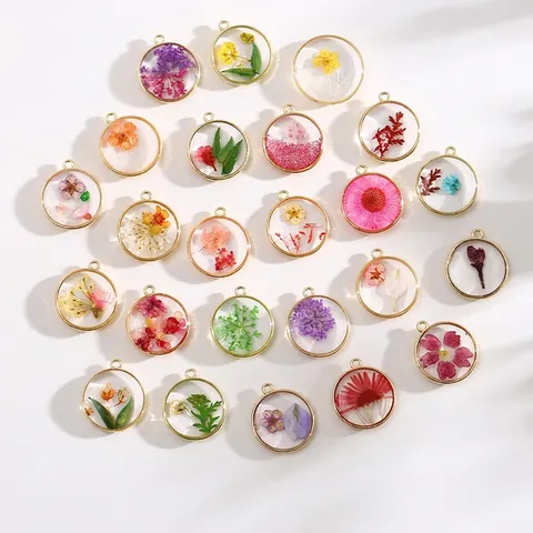 Ciondoli Pendenti In Lega Rotondi Con Fiori Secchi Naturali Resina Trasparente Per Creazione Gioielli Fai Da Te Collane Orecchini