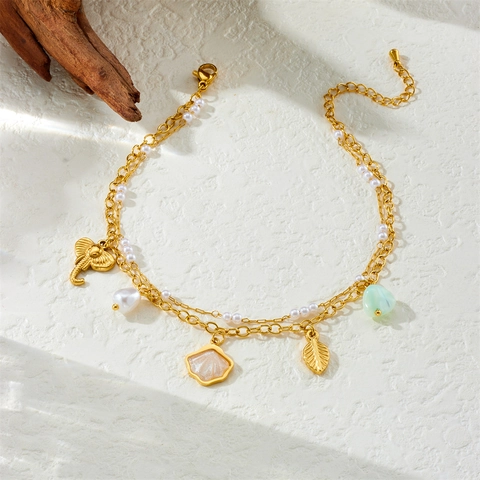 Double Layered Anklet Stainless Steel Gold Tone With Elephant Shell Leaf Charms And Faux Artificial Pearls Bohemian Beach Jewelry