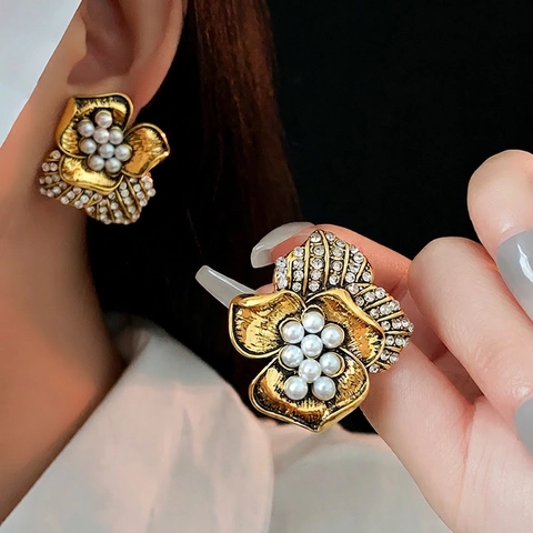 Boucles D'Oreilles À Clip Fleur Vintage Alliage Künstliche Perle Strass Style Cour Luxe Bijoux Pour Femmes