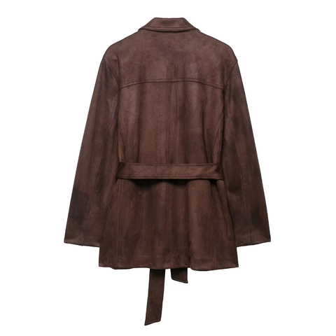 Damen Jacke In Wildlederoptik Langarm Mit Gürtel Reverskragen Mantel Elegant Retro Einfarbig Braun Casual Outerwear