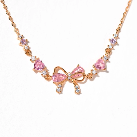 Bow Heart Charm Bracelet Copper With Pink Zircon 14K Gold Plated Sweet Jewelry For Women Valentine Gift