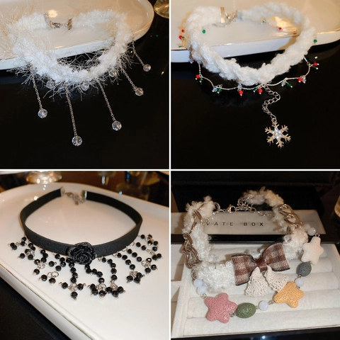 Collier Choker Femmes Peluche Velours Strass Künstliche Perle Flocon Rose Papillon Fleur Gland Élégant Gothique Bijoux De Fête