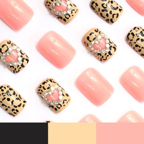 Short Square Press On Nails Pink Leopard Print With Rhinestone Heart False Nails For Women