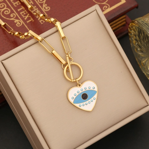 Gioielli Occhio Del Diavolo Cuore In Acciaio Inossidabile Collana Bracciale Orecchini Anello Per Donna Boho Vintage Placcato Oro T-Bar