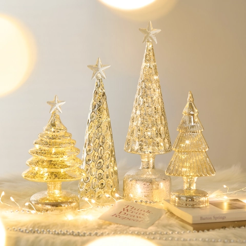 LED Lighted Mercury Glass Christmas Tree Ornament Desktop Decor Star Topper Champagne Gold Holiday Tabletop Decoration