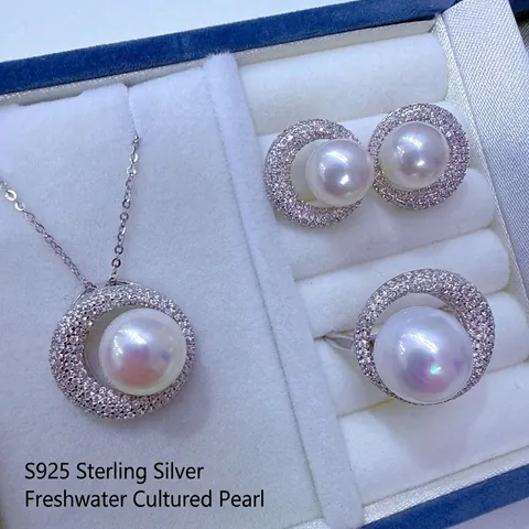S925 Sterling Silver Freshwater Pearl Jewelry Set Crescent Rhinestone Pendant Necklace Finished Stud Earrings Ring For Women
