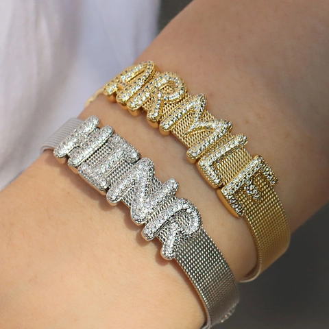 Gold Silver Plated Copper Zircon Alphabet Name Mesh Bracelet Stylish Initial Heart Charm Watch Band Bracelet For Women Jewelry